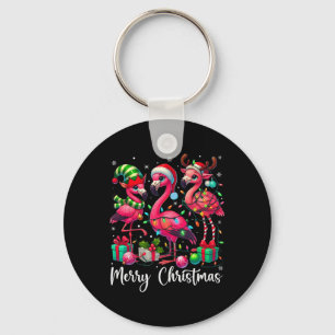 Merry Christmas Lights Flamingo Santa Hat Snow Xma Keychain