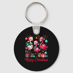Merry Christmas Lights Flamingo Santa Hat Snow Xma Keychain
