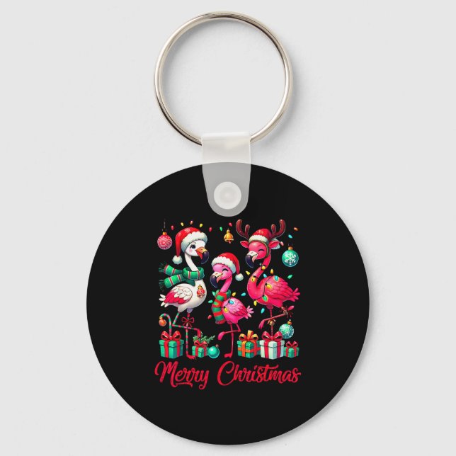 Merry Christmas Lights Flamingo Santa Hat Snow Xma Keychain (Front)