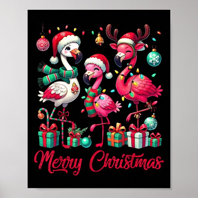 Merry Christmas Lights Flamingo Santa Hat Snow Xma Poster (Front)