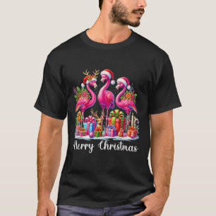 Merry Christmas Lights Flamingo Santa Hat Snow Xma T-Shirt