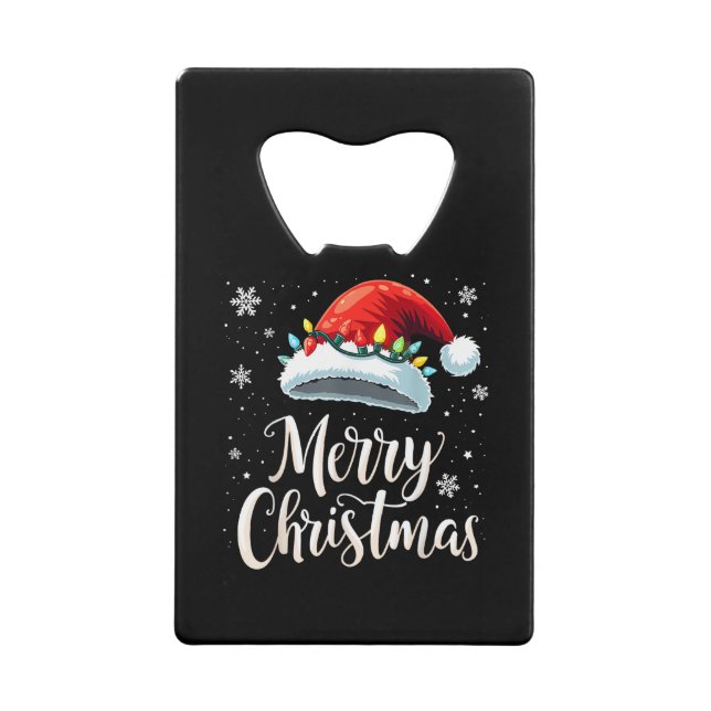 Merry Christmas Lights Red Santa Hat Tree Family Credit Card Bottle Opener (Front)