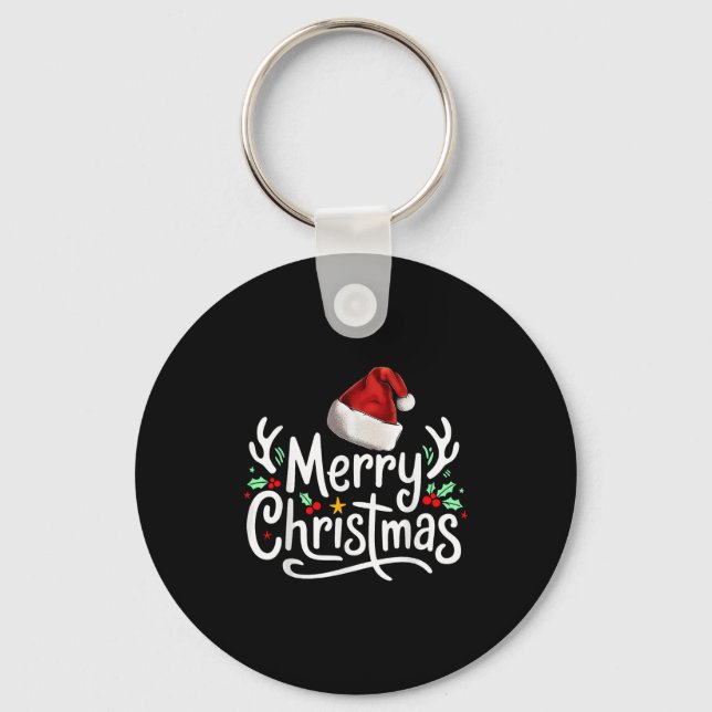 Merry Christmas Lights Red Santa Hat Xmas Family  Keychain (Front)