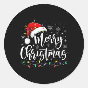 Merry Christmas Lights Red Santa Hat Xmas Family M Classic Round Sticker