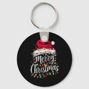 Merry Christmas Lights Red Santa Hat Xmas Family M Keychain