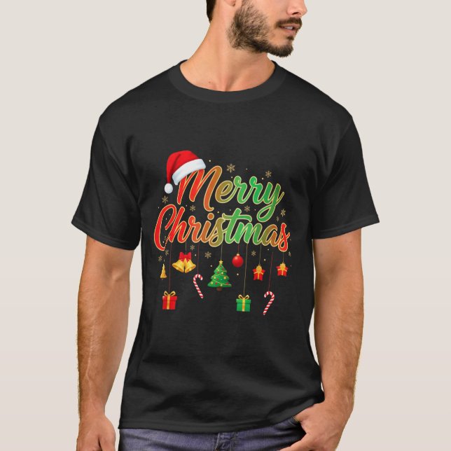 Merry Christmas Lights Santa Hat Family Matching T T-Shirt (Front)