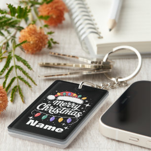 Merry Christmas Lights Santa Hat Personalized Gift Keychain
