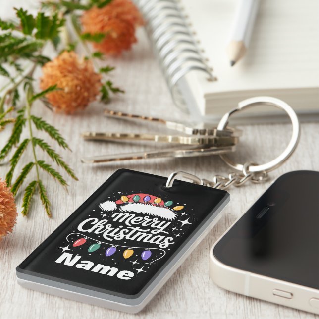 Merry Christmas Lights Santa Hat Personalized Gift Keychain (Front Right)