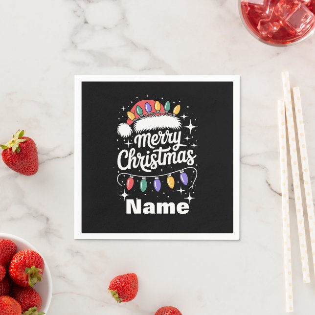 Merry Christmas Lights Santa Hat Personalized Gift Napkin (Insitu)