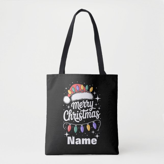 Merry Christmas Lights Santa Hat Personalized Gift Tote Bag (Front)