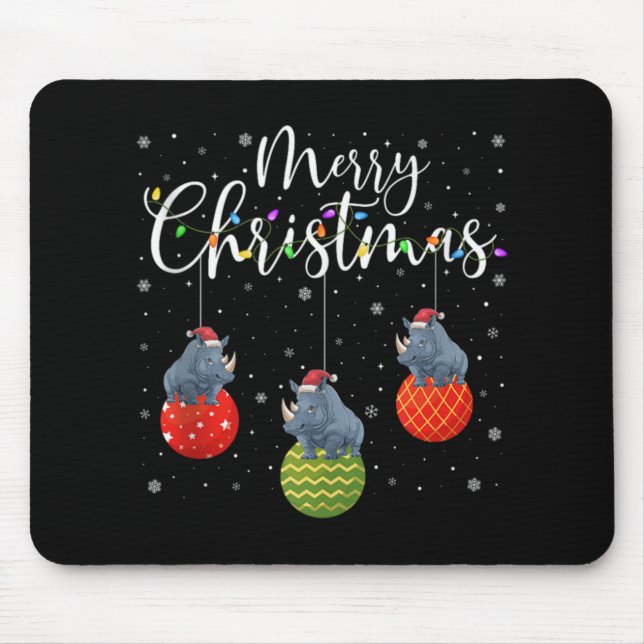Merry Christmas Lights Santa Hat Rhino Ugly Xmas T Mouse Pad (Front)
