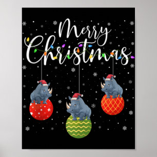 Merry Christmas Lights Santa Hat Rhino Ugly Xmas T Poster