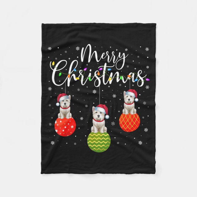 Merry Christmas Lights Santa Hat Westie Dog Ugly X Fleece Blanket (Front)