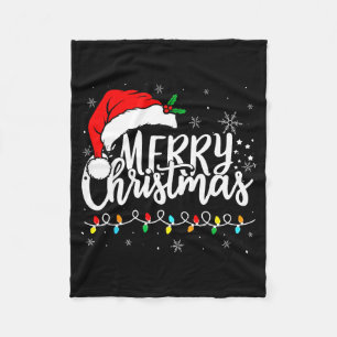 Merry Christmas Lights Santa Hat Xmas Family Match Fleece Blanket