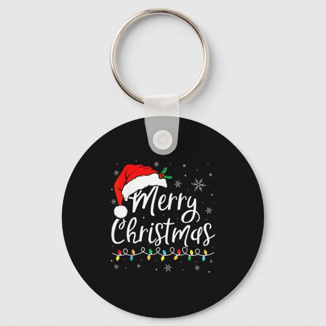 Merry Christmas Lights Santa Hat Xmas Family Match Keychain (Front)