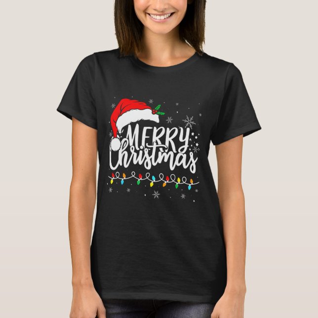 Merry Christmas Lights Santa Hat Xmas Family Match T-Shirt (Front)