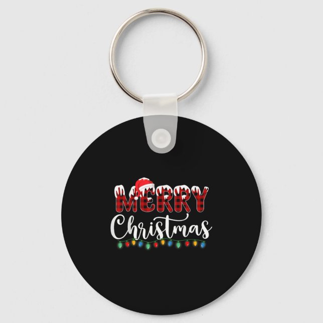 Merry Christmas Lights Snow Red Buffalo Plaid Sant Keychain (Front)