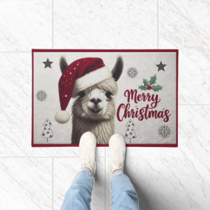 Merry Christmas Llama with Santa Hat, Xmas Llama Doormat