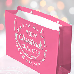 Merry Christmas Love Santa Custom Name Pink Large Gift Bag