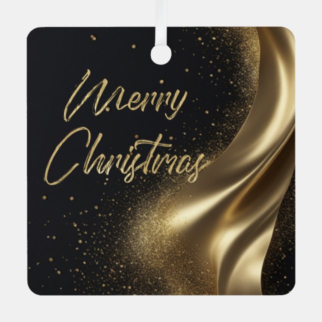Merry Christmas Luxe Black Gold Metal Ornament (Front)