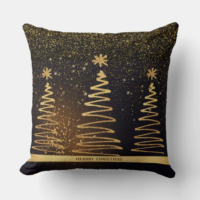 Merry Christmas luxury sparkle gold trees black Throw Pillow (Front)