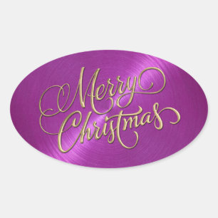 Merry Christmas Magenta Embossed Look Oval Sticker