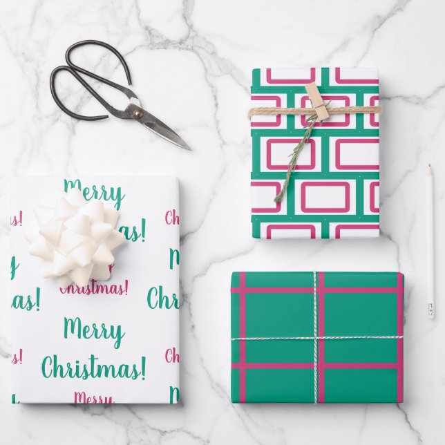Merry Christmas Magenta Hot Pink Emerald Green Wrapping Paper Sheet (Front)