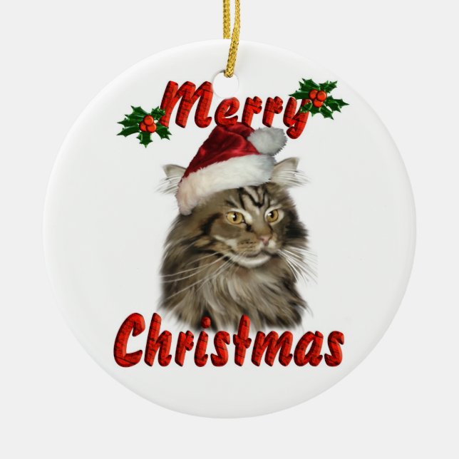 Merry Christmas Maine Coon Cat Ceramic Ornament (Front)
