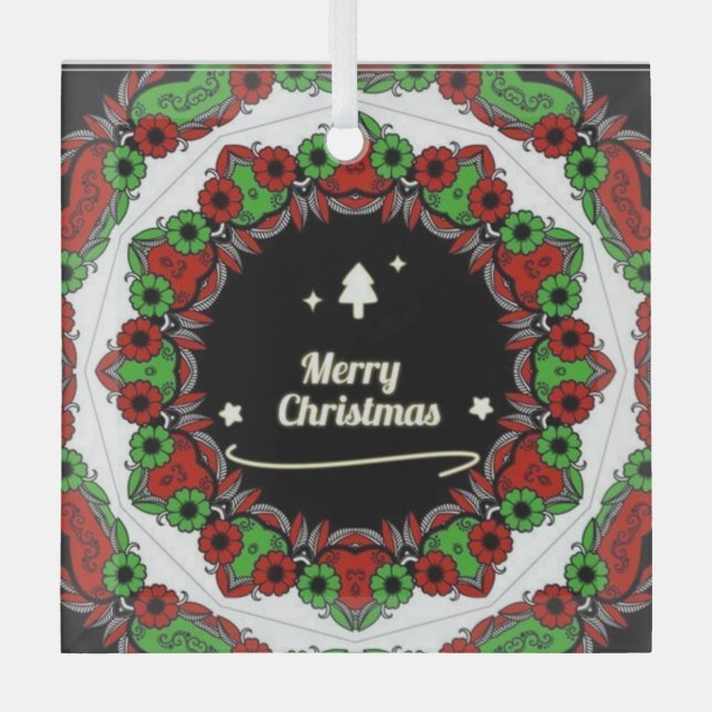 Merry Christmas mandala designs Glass Ornament (Front)
