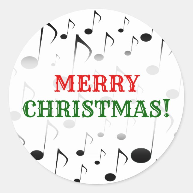 "Merry Christmas!" + Many Musical Notes Pattern Classic Round Sticker (Front)