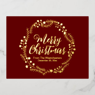 Merry Christmas maroon gold script rustic wreath Foil Holiday Postcard