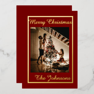 Merry Christmas Maroon Gold Simple Modern Photo  Foil Holiday Card