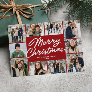 Merry Christmas maroon ten photo collage Holiday Card