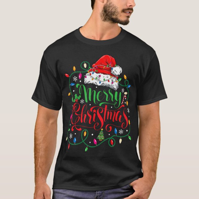 Merry Christmas Matching Family Santa Hat Lights X T-Shirt (Front)