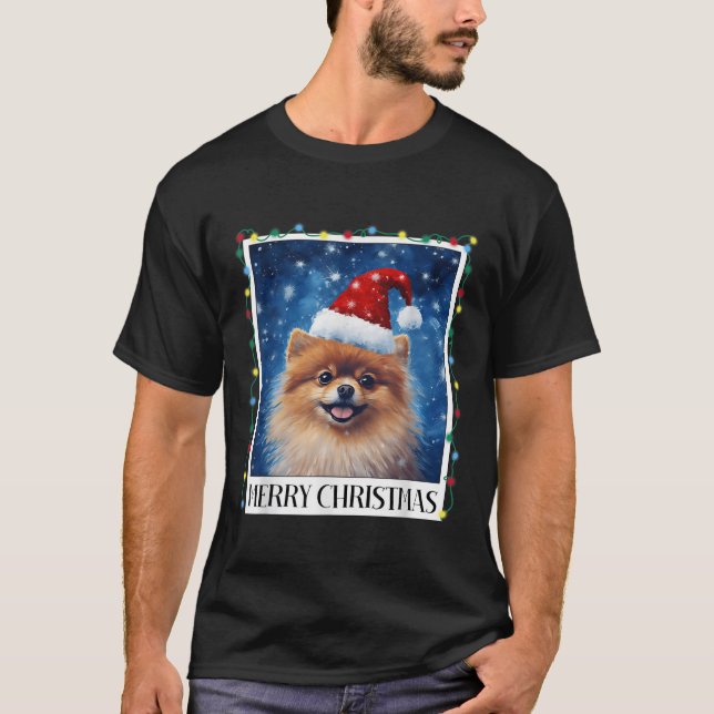Merry Christmas Meranian Santa Hat Xmas Dog Lights T-Shirt (Front)