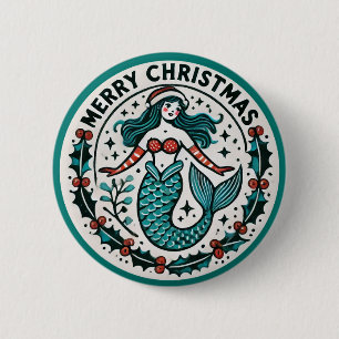 Merry Christmas Mermaid                            2 Inch Round Button