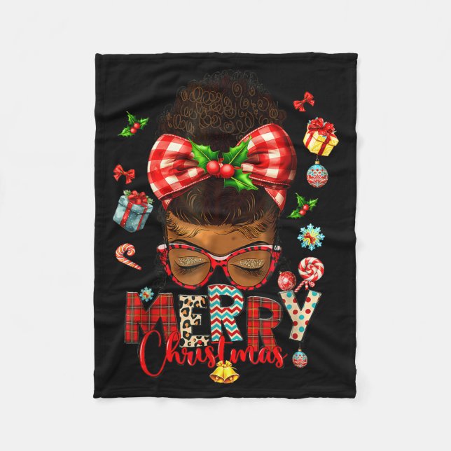 Merry Christmas Messy Bun Black Women African Amer Fleece Blanket (Front)