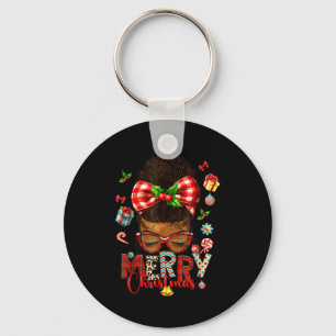 Merry Christmas Messy Bun Black Women African Amer Keychain