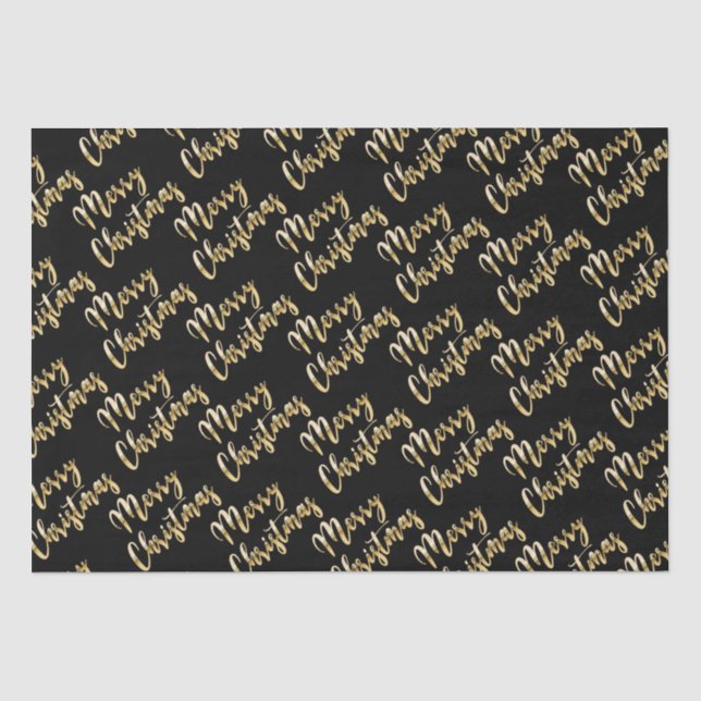 Merry Christmas metallic gold script black Tissue Paper (Front)