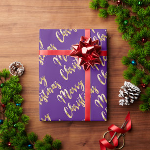 Merry Christmas metallic gold script purple Wrapping Paper