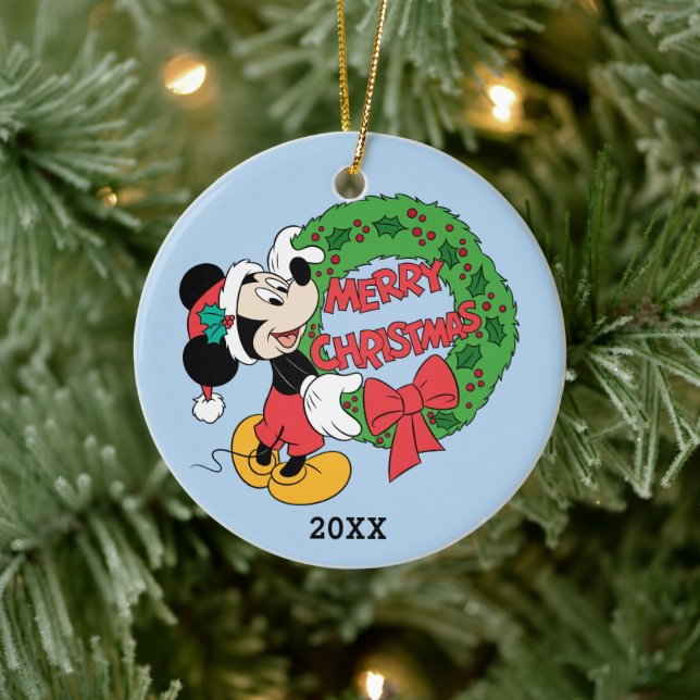 Merry Christmas | Mickey Mouse Holiday Wreath Ceramic Ornament (Tree)