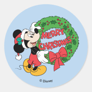 Merry Christmas   Mickey Mouse Holiday Wreath Classic Round Sticker