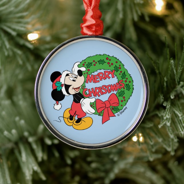 Merry Christmas | Mickey Mouse Holiday Wreath Metal Ornament (Tree)