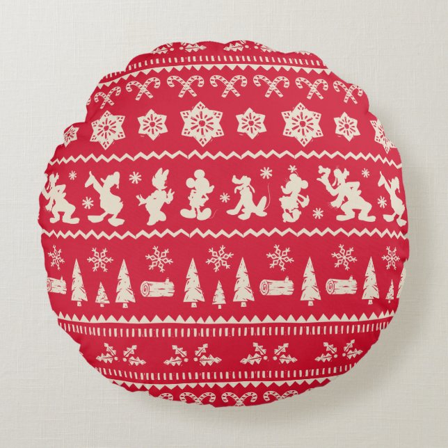 Merry Christmas | Mickey Mouse Snowflake Pattern Round Pillow (Front)