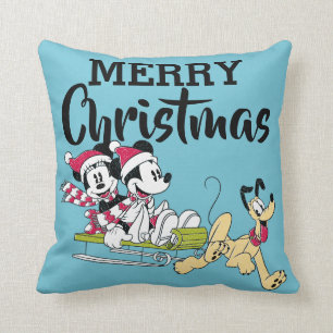 Merry Christmas Mickey Mouse Winter Sled Throw Pillow