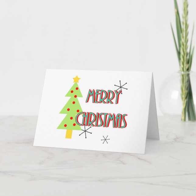 merry christmas mid century modern tree red blue holiday card (Front)