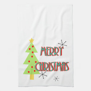 merry christmas mid century modern tree red blue kitchen towel