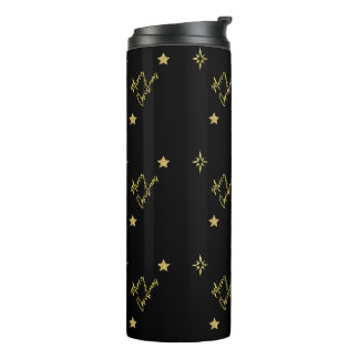 Merry Christmas Mini Gold Star Patterns in Black Thermal Tumbler