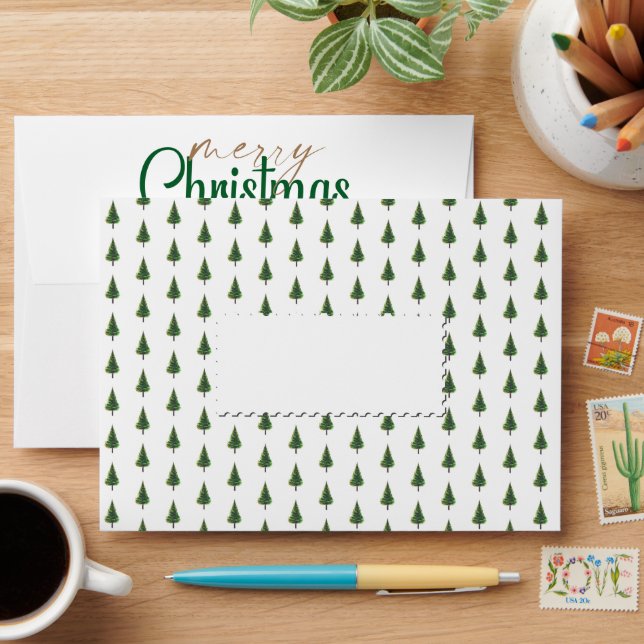 Merry Christmas minimal Watercolor pine trees Envelope (Desk)