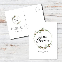Merry Christmas Minimal Watercolor Wreath Holiday Postcard